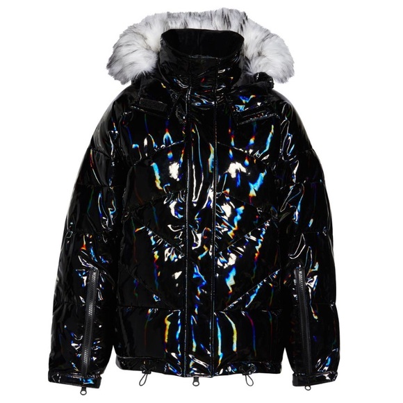 Blanc Noir Black Holographic Hooded Puffer Jacket Removable Faux Fur Hood NWT M - Picture 6 of 6